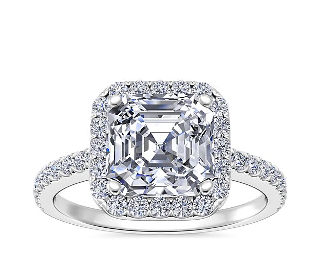 Asscher Cut Classic Halo Diamond Engagement Ring in 14k White Gold