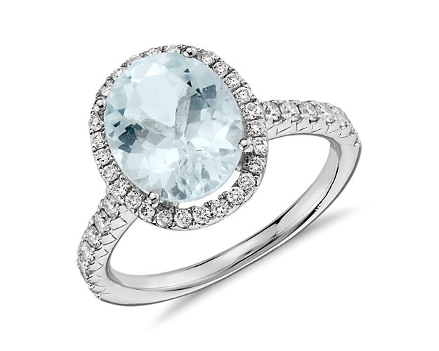 Aquamarine and Diamond Halo Ring in 18k White Gold (10x8mm)
