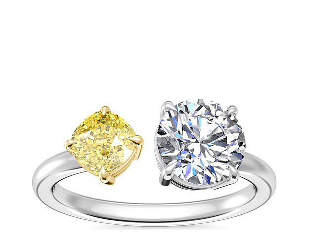 Two Stone Engagement Ring with Fancy Yellow Cushion Diamond in 14k White Gold (1/2 ct. tw.)
