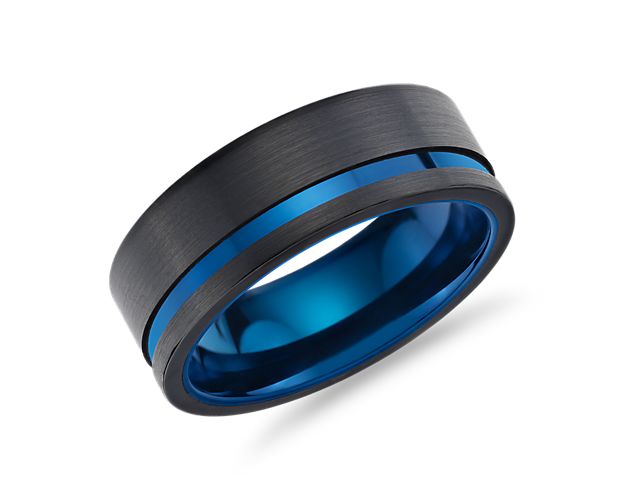 Asymmetrical Black & Blue Engraved Wedding Ring in Tungsten (8mm)