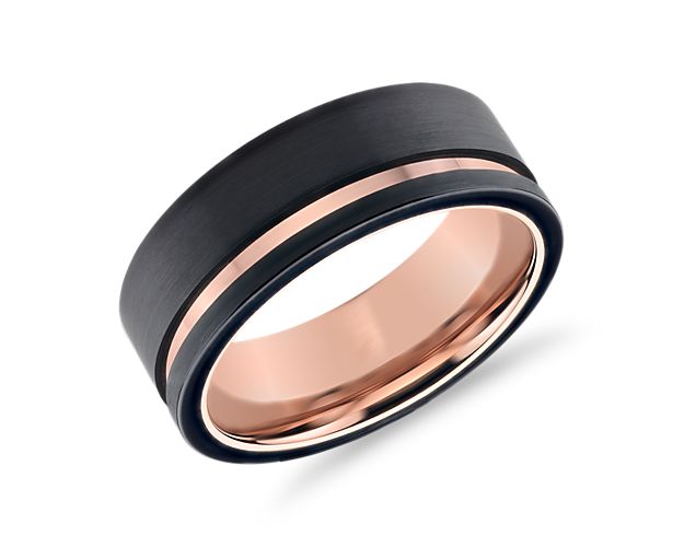 Asymmetrical Black & Rose Engraved Wedding Ring in Tungsten (8mm)