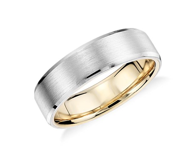 Matte Beveled Edge Wedding Ring in Platinum and 18k Yellow Gold (6mm)