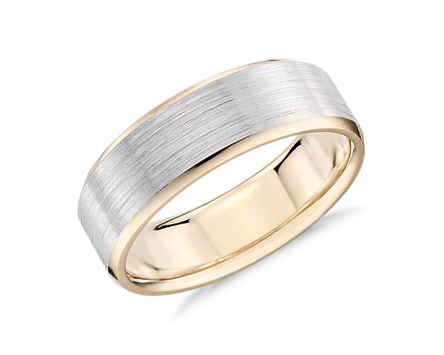 Brushed Beveled Edge Wedding Ring in 14k White and Yellow Gold (7mm)