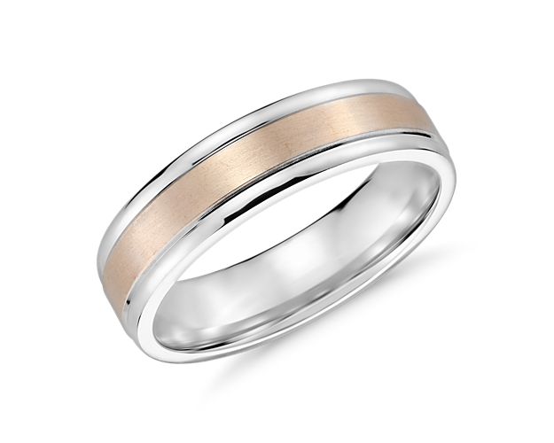 Brushed Inlay Wedding Ring in 14k White and Rose Gold (6mm)