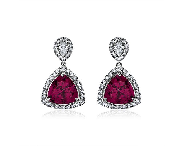 Extraordinary Collection: Trilliant Cut Purple Garnet and Diamond Earrings in 18k White Gold