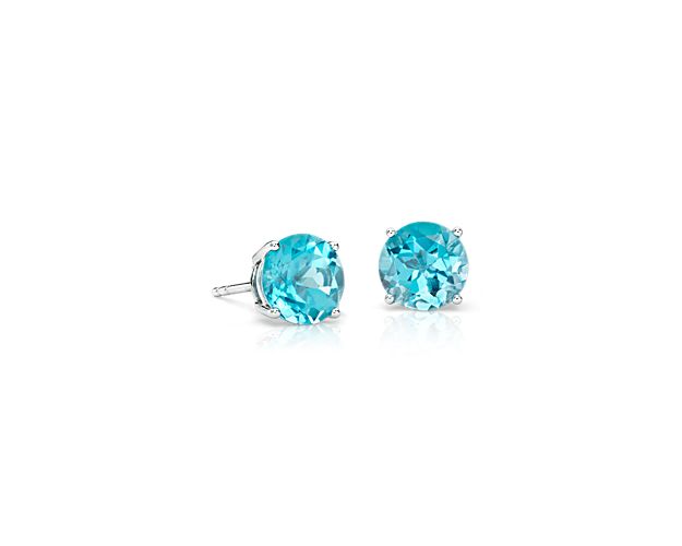 Blue Topaz Stud Earrings in 14k White Gold (7mm)