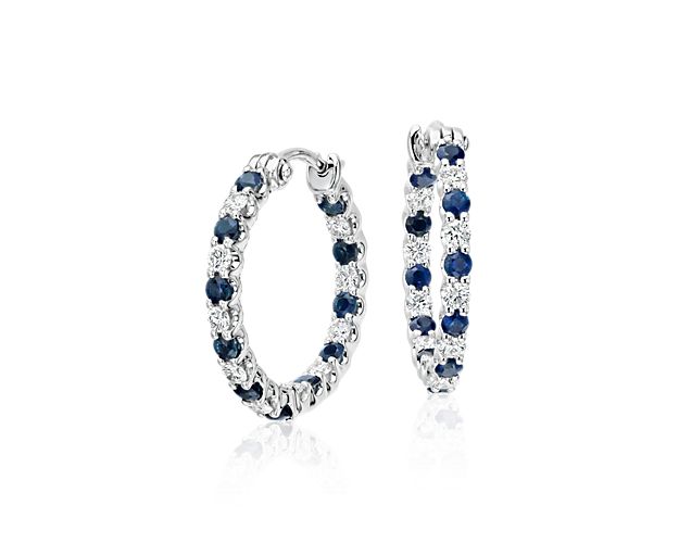 Luna Sapphire and Diamond Hoop Earrings in 18k White Gold (2mm)