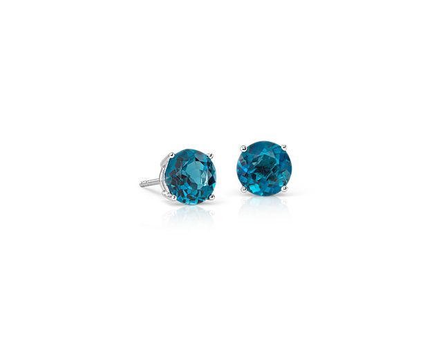 London Blue Topaz Stud Earrings in 14k White Gold (7mm)