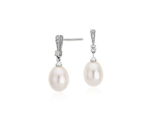 Freshwater Cultured Pearl and White Topaz Drop Earrings in Sterling Silver (7mm)