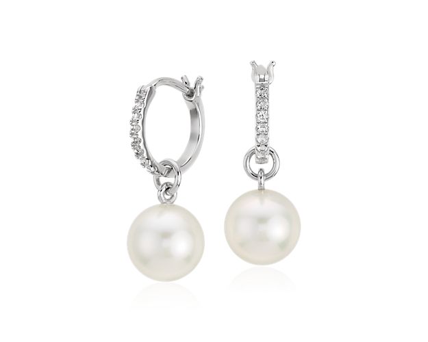 Freshwater Cultured Pearl and White Topaz Drop Hoop Earrings in Sterling Silver (9mm)