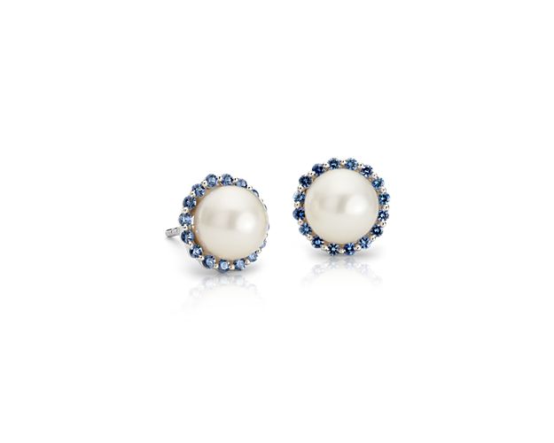 Sapphire and Freshwater Cultured Pearl Halo Stud Earrings in 14k White Gold (7mm)