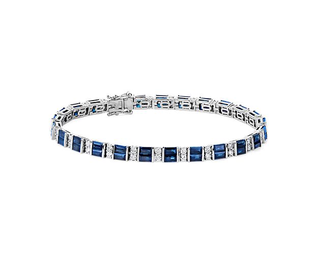 Alternating Baguette Blue Sapphire and Round Diamond Bracelet in 14k White Gold