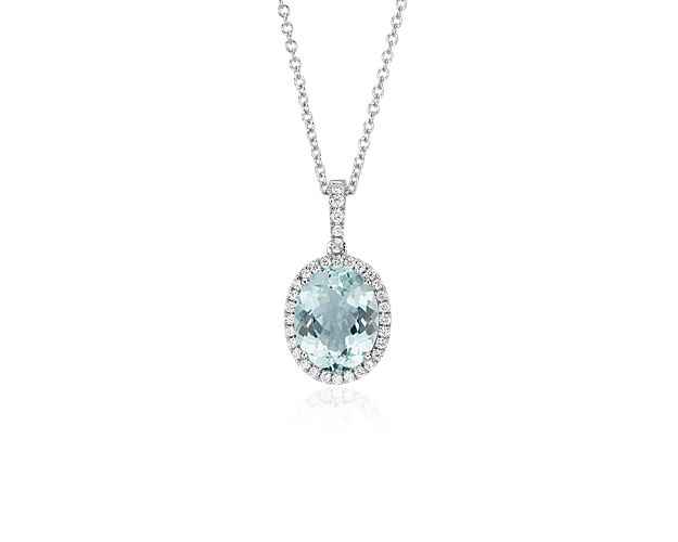 Aquamarine and Diamond Pendant in 14k White Gold (10x8mm)