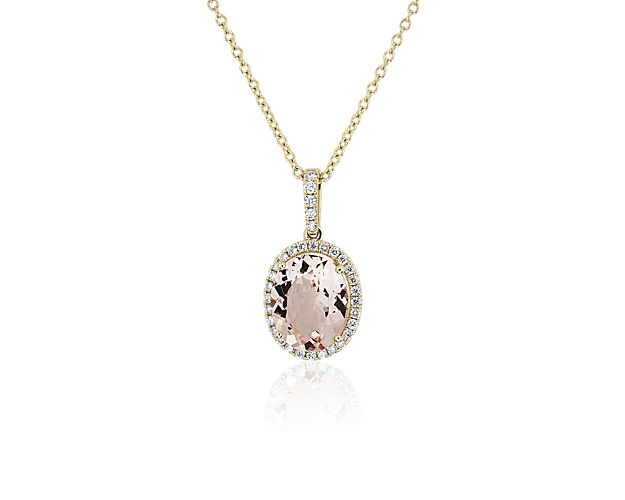 Oval Morganite and Diamond Halo Pendant in 14k Yellow Gold (10x8mm)