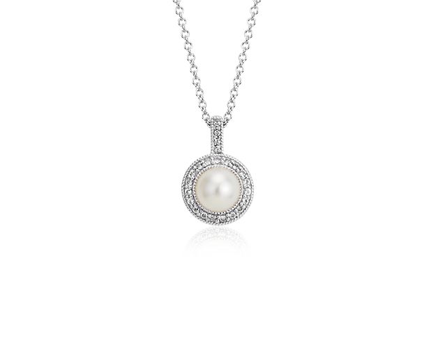 Vintage-Inspired Freshwater Cultured Pearl and White Topaz Halo Pendant in Sterling Silver (6mm)