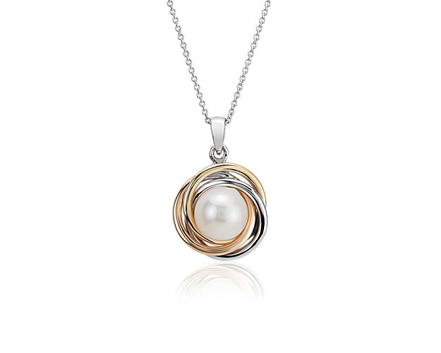 Tri-Color Love Knot Pendant with Freshwater Cultured Pearl in 14k White, Yellow and Rose Gold (7-8mm)