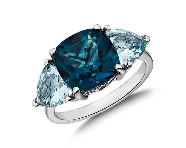 Cushion London Blue Topaz and Aquamarine Trillion Ring in 14k White Gold