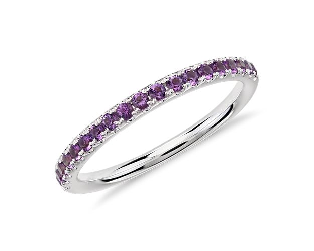 Riviera Pavé Amethyst Ring in 14k White Gold (1.5mm)