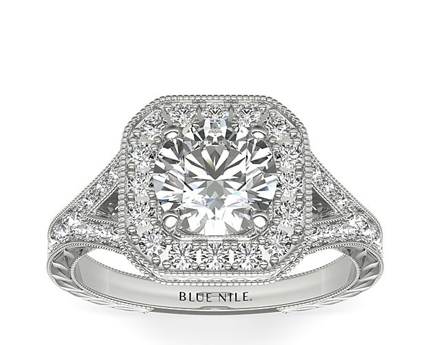 Hand-Engraved Milgrain Diamond Halo Engagement Ring in 14k White Gold (3/8 ct. tw.)