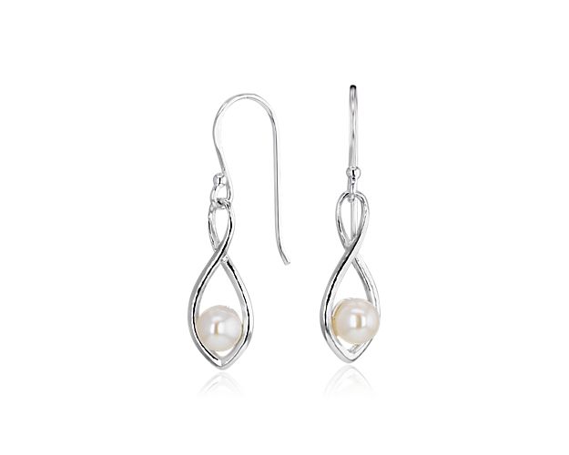 Freshwater Cultured Pearl Twisted Teardrop Earrings in Sterling Silver (5mm)