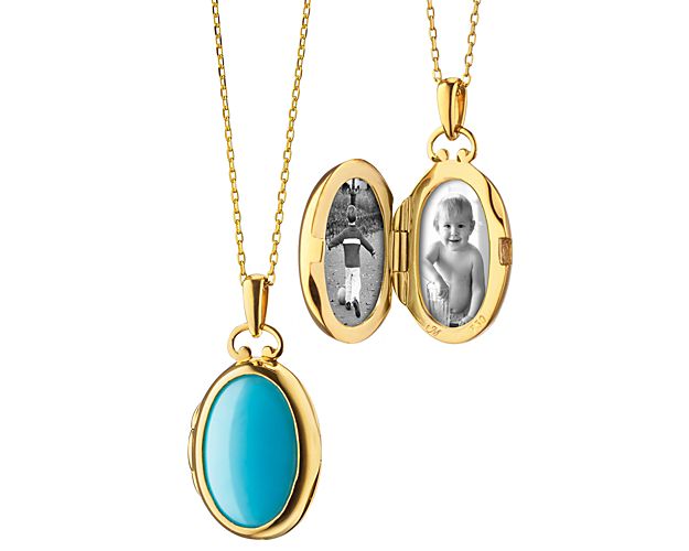 Monica Rich Kosann Petite Turquoise and Mother of Pearl Locket Pendant in 18k Yellow Gold