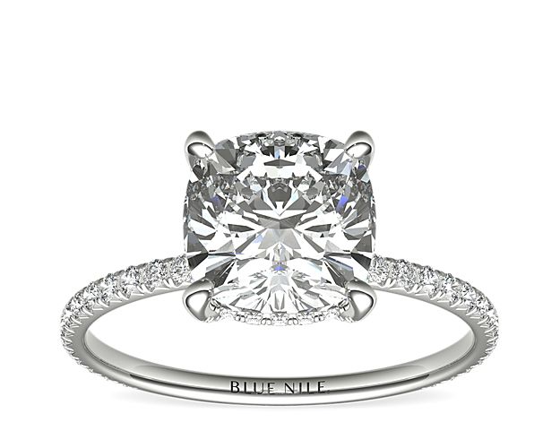 Blue Nile Studio Cushion Cut Petite French Pavé Crown Diamond Engagement Ring in Platinum (1/3 ct. tw.)