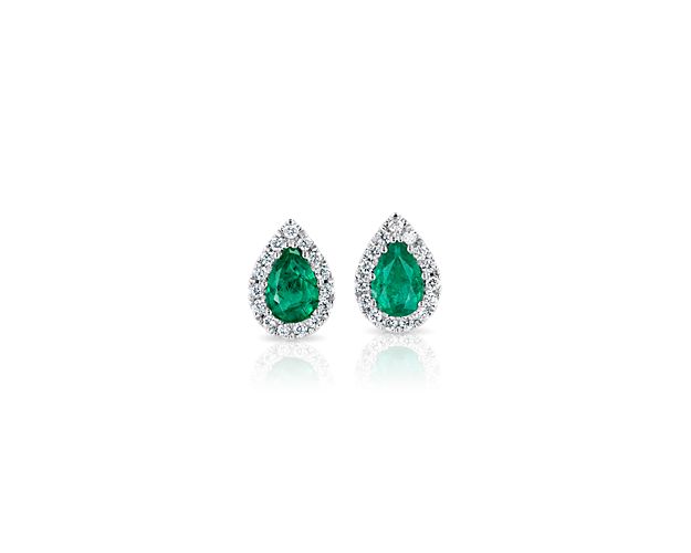 Pear-Shaped Emerald Stud Earrings with Diamond Halo in 14k White Gold (6x4mm)