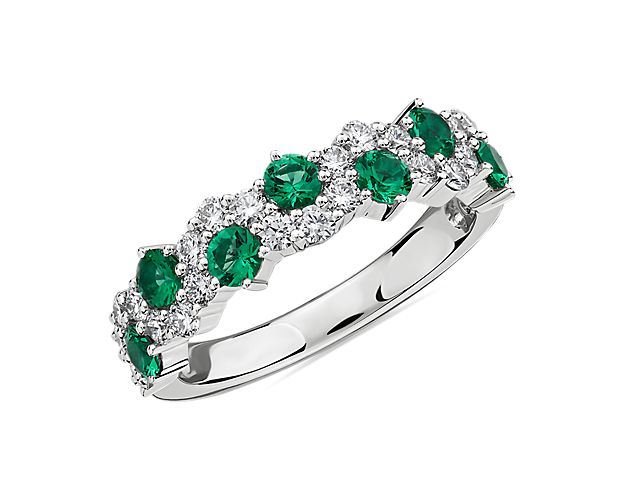 Staggered Emerald and Diamond Ring in 14k White Gold
