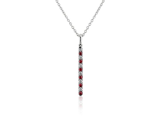 Riviera Pavé Alternating Ruby and Diamond Vertical Bar Pendant in 14k White Gold (1.6mm)