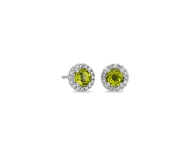 Peridot and Micropave Diamond Halo Earrings in 14k White Gold