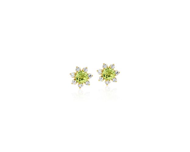 Mini Peridot Earrings with Diamond Blossom Halo in 14k Yellow Gold (3.5mm)