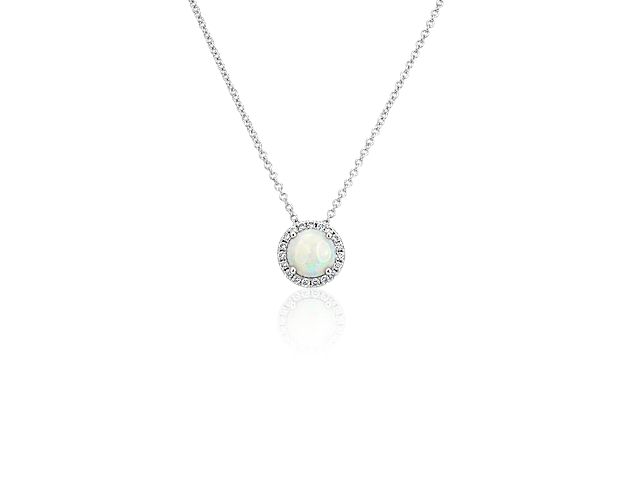 Opal and Diamond Halo Pendant in 14k White Gold (7mm)