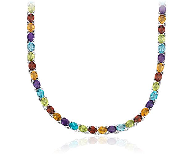 Oval Multicolor Gemstone Eternity Necklace in Sterling Silver (5x4mm)