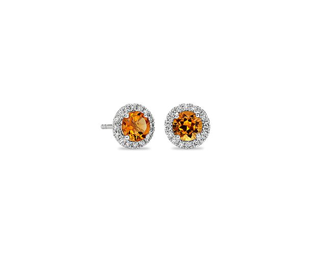 Citrine and Micropavé Diamond Halo Earrings in 14k White Gold (5mm)