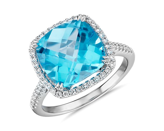 Cushion-Cut Swiss Blue Topaz Diamond Halo Cocktail Ring in 14k White Gold (10.5mm)