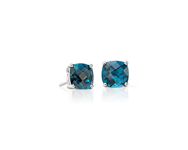 London Blue Topaz Cushion Earrings in Sterling Silver (8mm)
