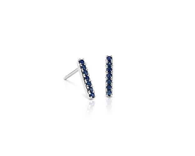 Petite Sapphire Pavé Bar Stud Earrings in 14k White Gold (1.5mm)