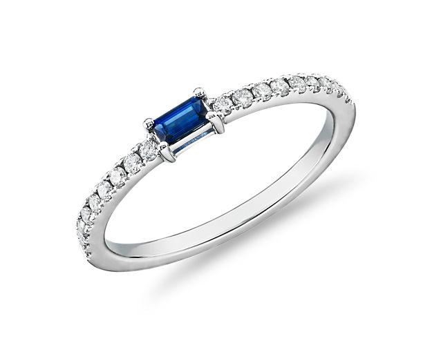 Baguette Sapphire and Diamond Pavé Stacking Ring in 14k White Gold (3.5x2mm)
