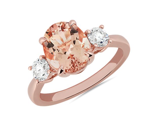 Oval Morganite and Diamond Sidestone Ring in 14k Rose Gold