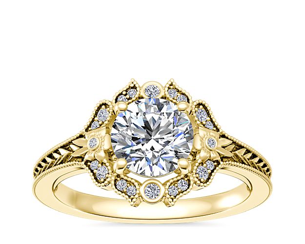 Vintage Floral Engraved Halo in 14k Yellow Gold