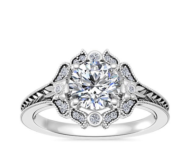 Vintage Floral Engraved Halo in 18k White Gold