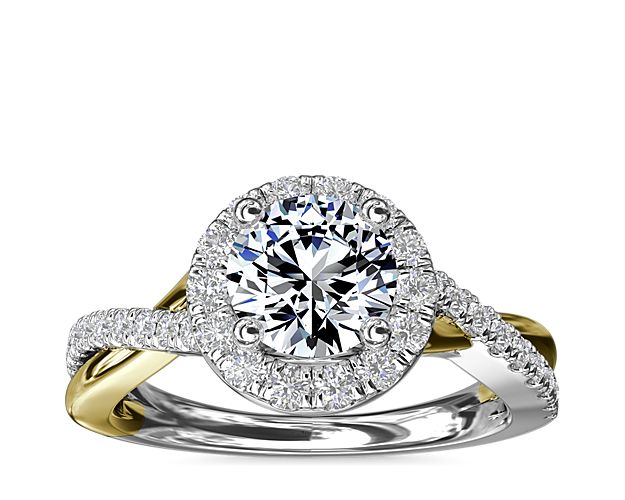 Two-Tone Twisted Halo Diamond Engagement Ring in 14k White and Yellow Gold (3/8 ct. tw.)