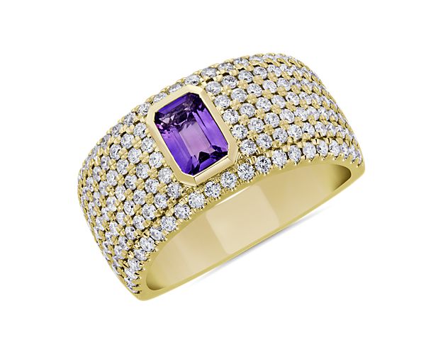 Emerald Cut Bezel Set Amethyst Pavé Ring in 14k Yellow Gold (1 ct. tw.)