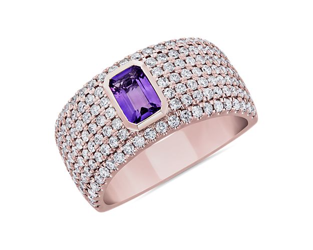 Emerald Cut Bezel Set Amethyst Pavé Ring in 14k Rose Gold (1 ct. tw.)