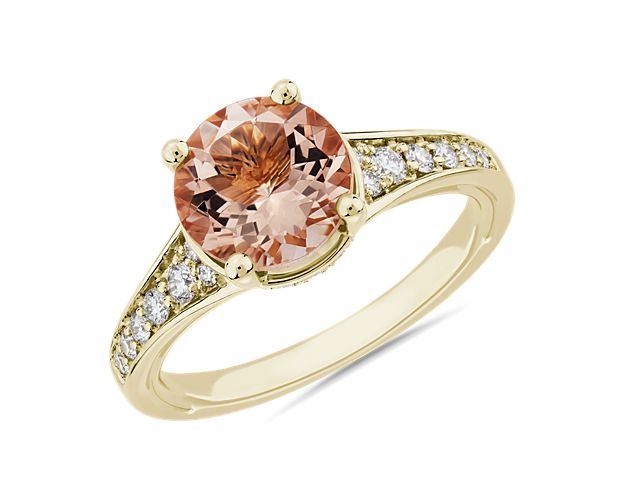 Morganite and Diamond Side Stone Ring in 14k Yellow Gold (8mm)