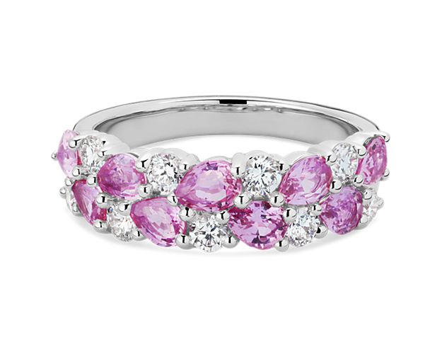 Romantic Double Row Pear Pink Sapphire and Diamond Ring in Platinum