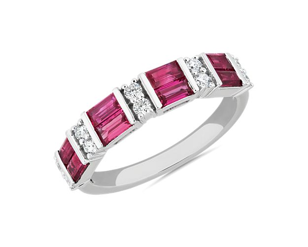 East West Ruby Baguette and Diamond Ring in 14k White Gold