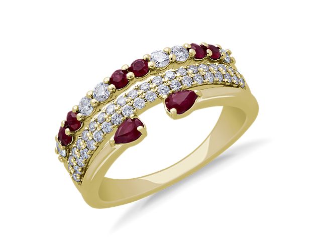3-Row Stacked Ruby Open Pear and Pavé Diamond Ring in 14k Yellow Gold (3/8 ct. tw.)
