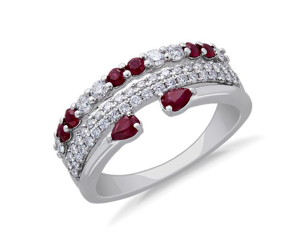 3-Row Stacked Ruby Open Pear and Pavé Diamond Ring in 14k White Gold (3/8 ct. tw.)