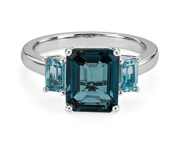 London Blue Topaz and Sky Blue Topaz Three Stone Ring in 14K White Gold (10x8)